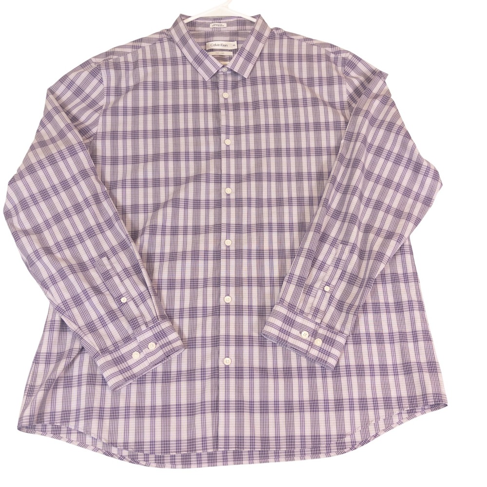 Calvin Klein Mens XXL Purple Plaid Non Iron Cotton Button Down Shirt Long Sleeve